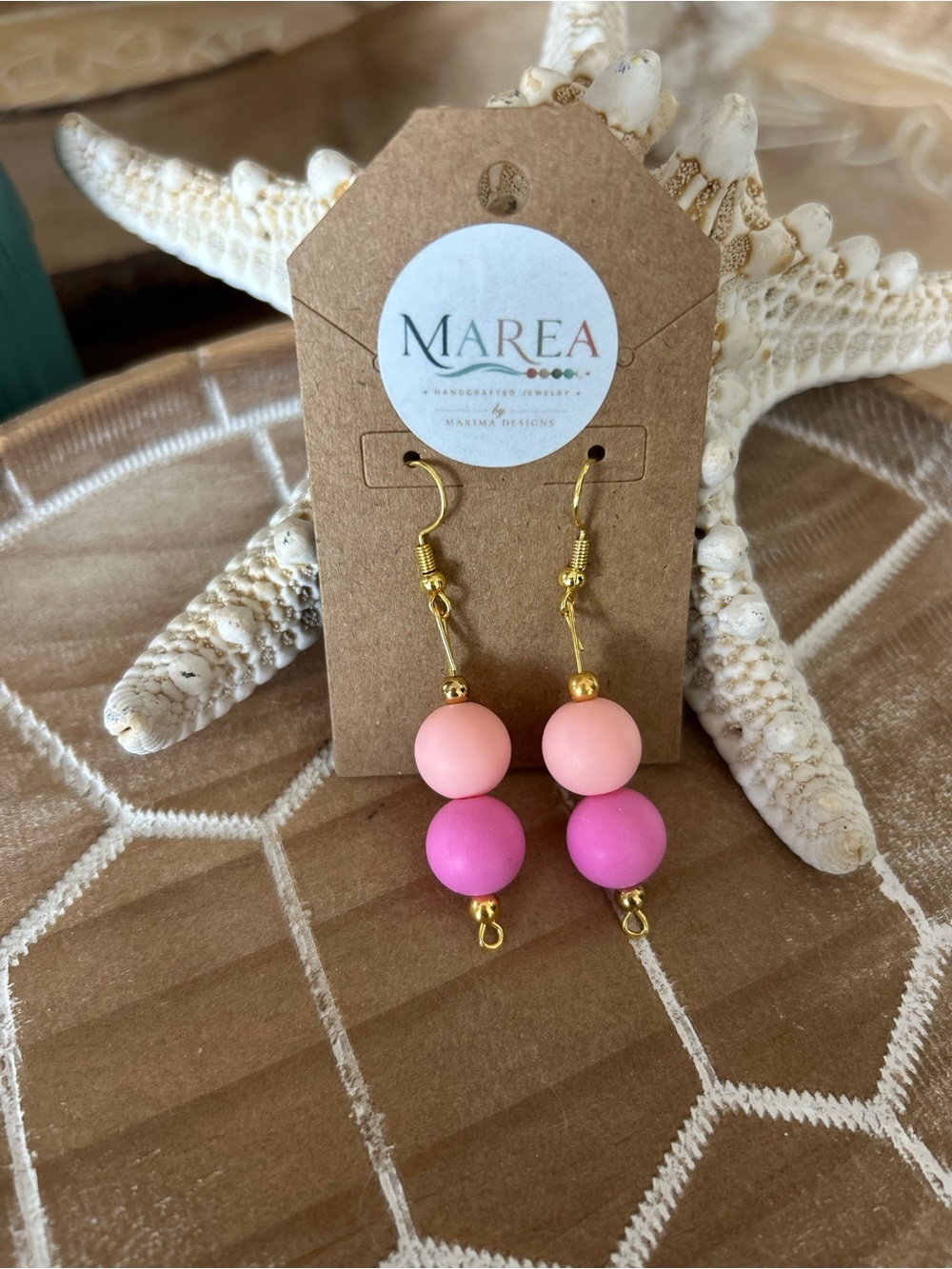 NEW MAREA Handmade Pink Beaded Gold Dangle Earrings